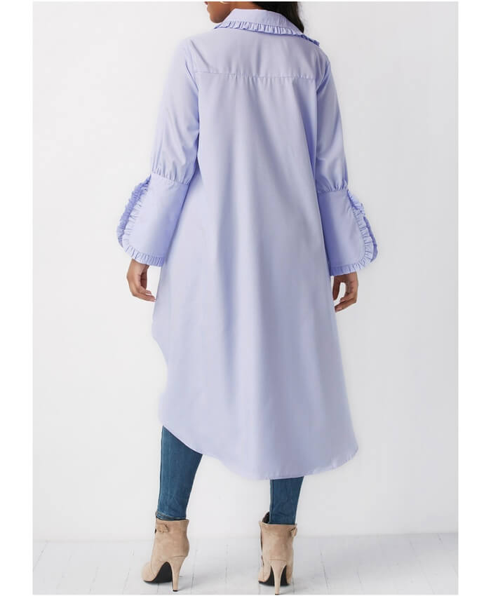 Light Blue Dip Hem Turndown Collar Blouse